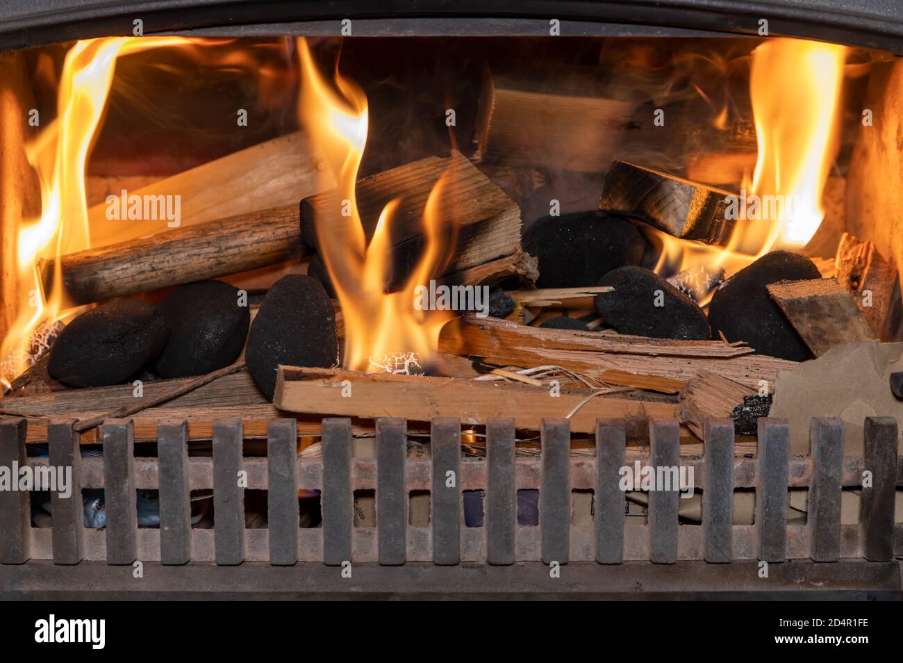 Close up of Fireplace burning fire. fresh start Stock Photo