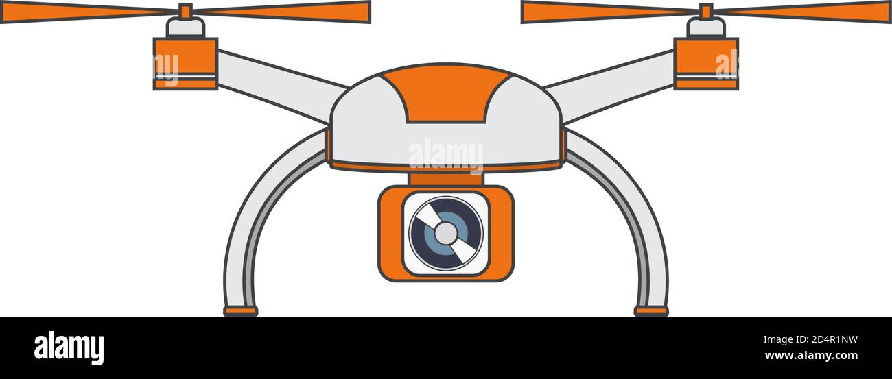 The drone with propellers and the suspended digital camera linear flat a vector. Stock Vector
