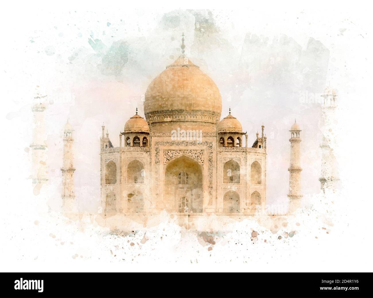 Taj Mahal Tomb, Mosque, Agra, India, postcard as watercolor drawing Stock Photo