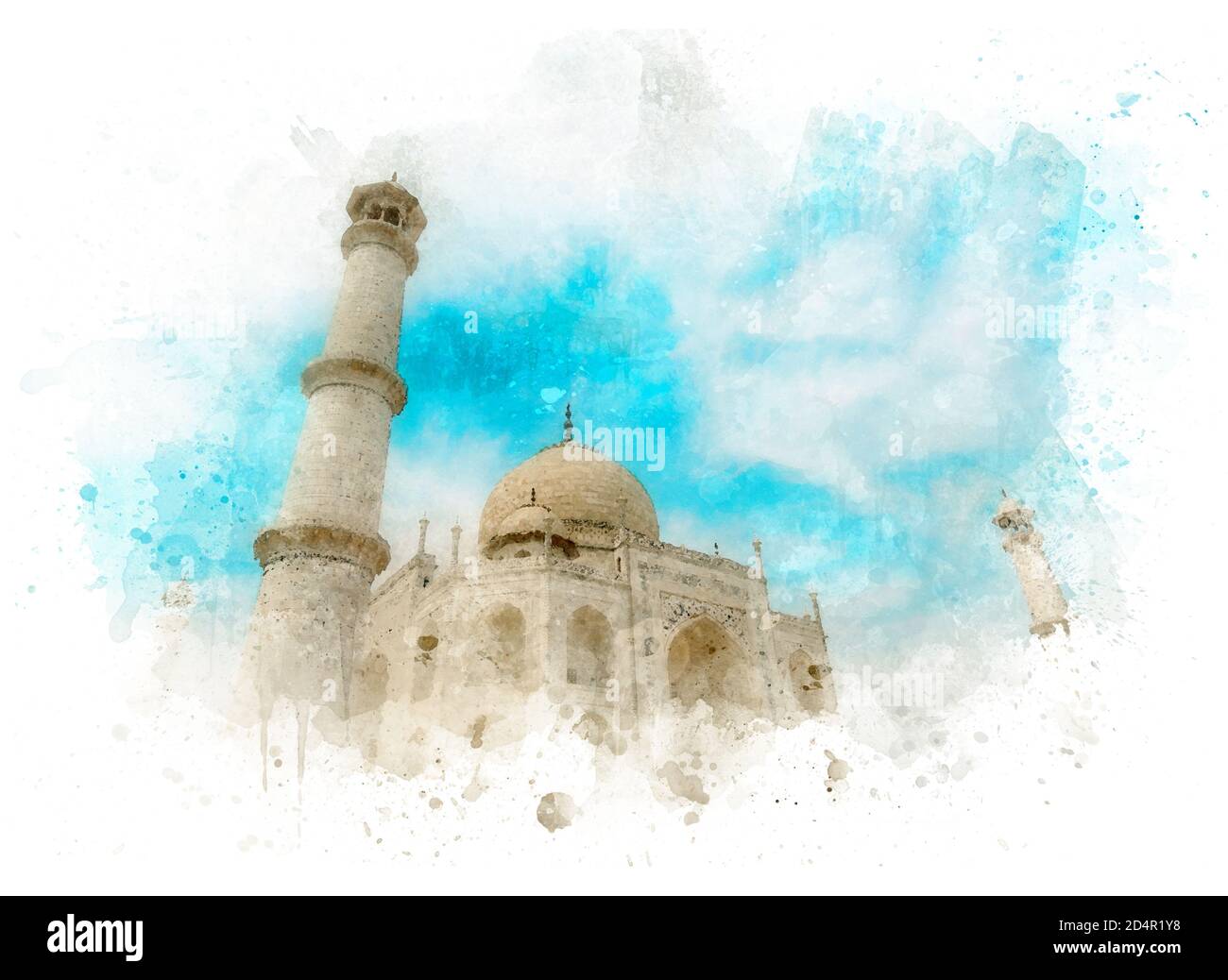 Taj Mahal Tomb, Mosque, Agra, India, postcard as watercolor drawing Stock Photo