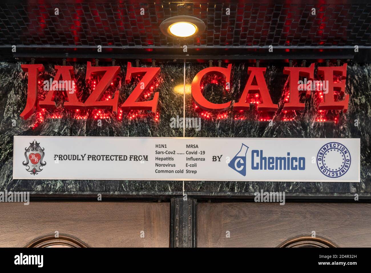 Detroit, Michigan - The Jazz Cafe at Music Hall lists all the diseases patrons are said to be protected from by Chemico disinfectants. Stock Photo