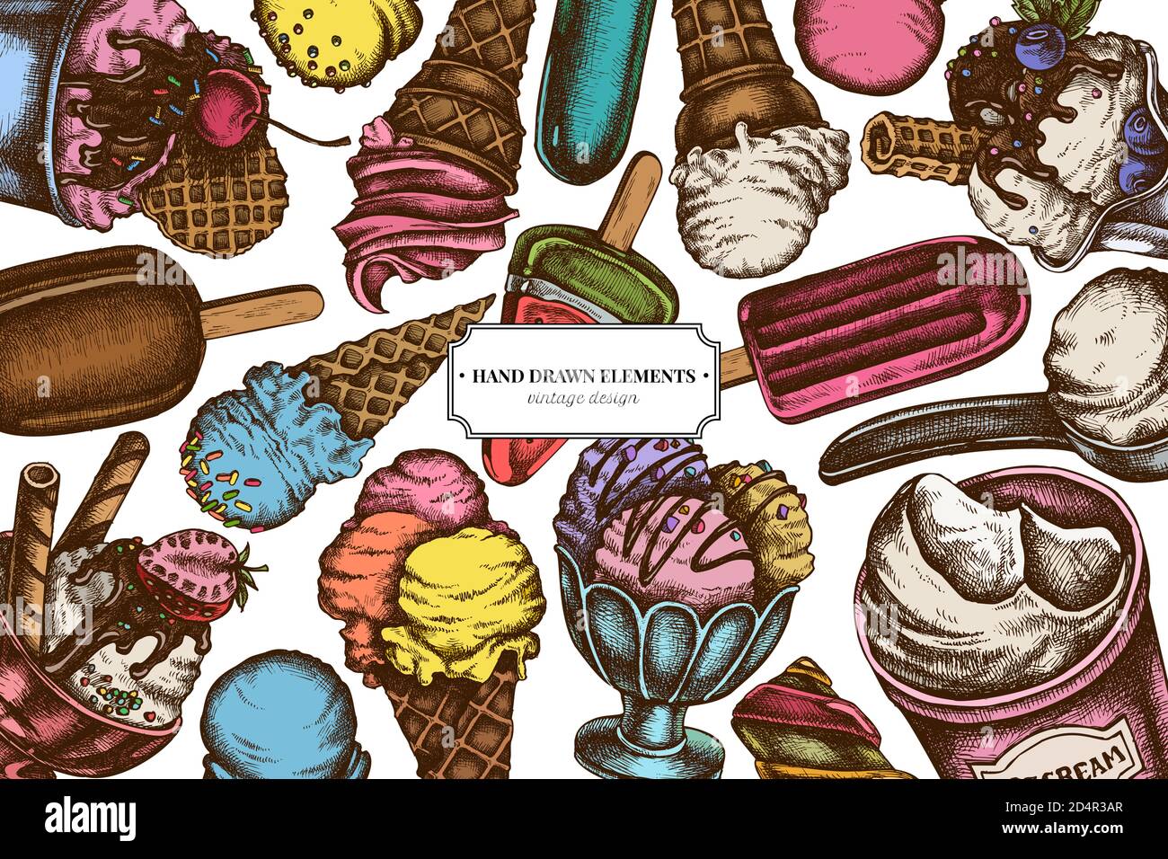 Colored elements design with ice cream bowls, ice cream bucket