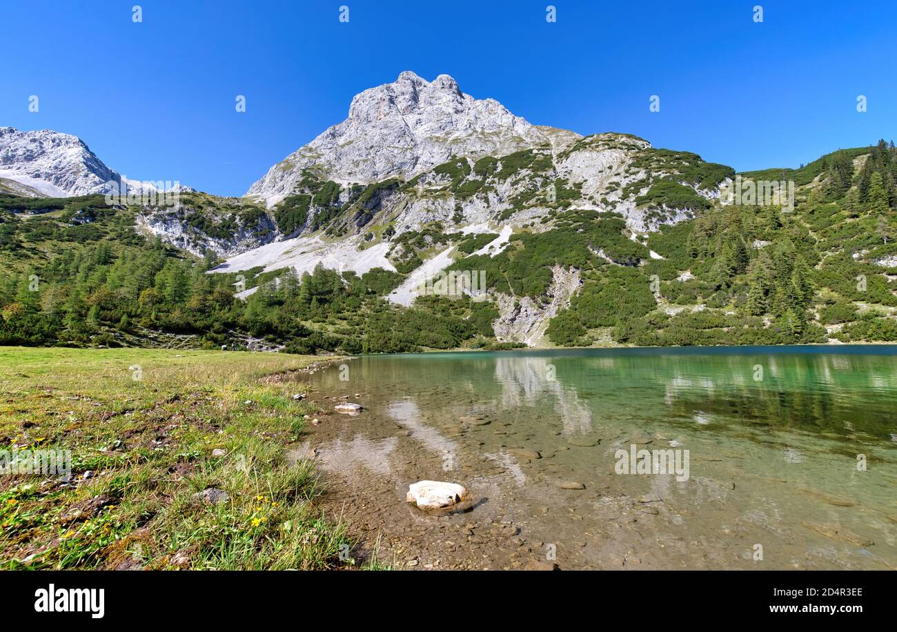 Panorama view of lakes Drachensee Seebensee and coburger hut and ...