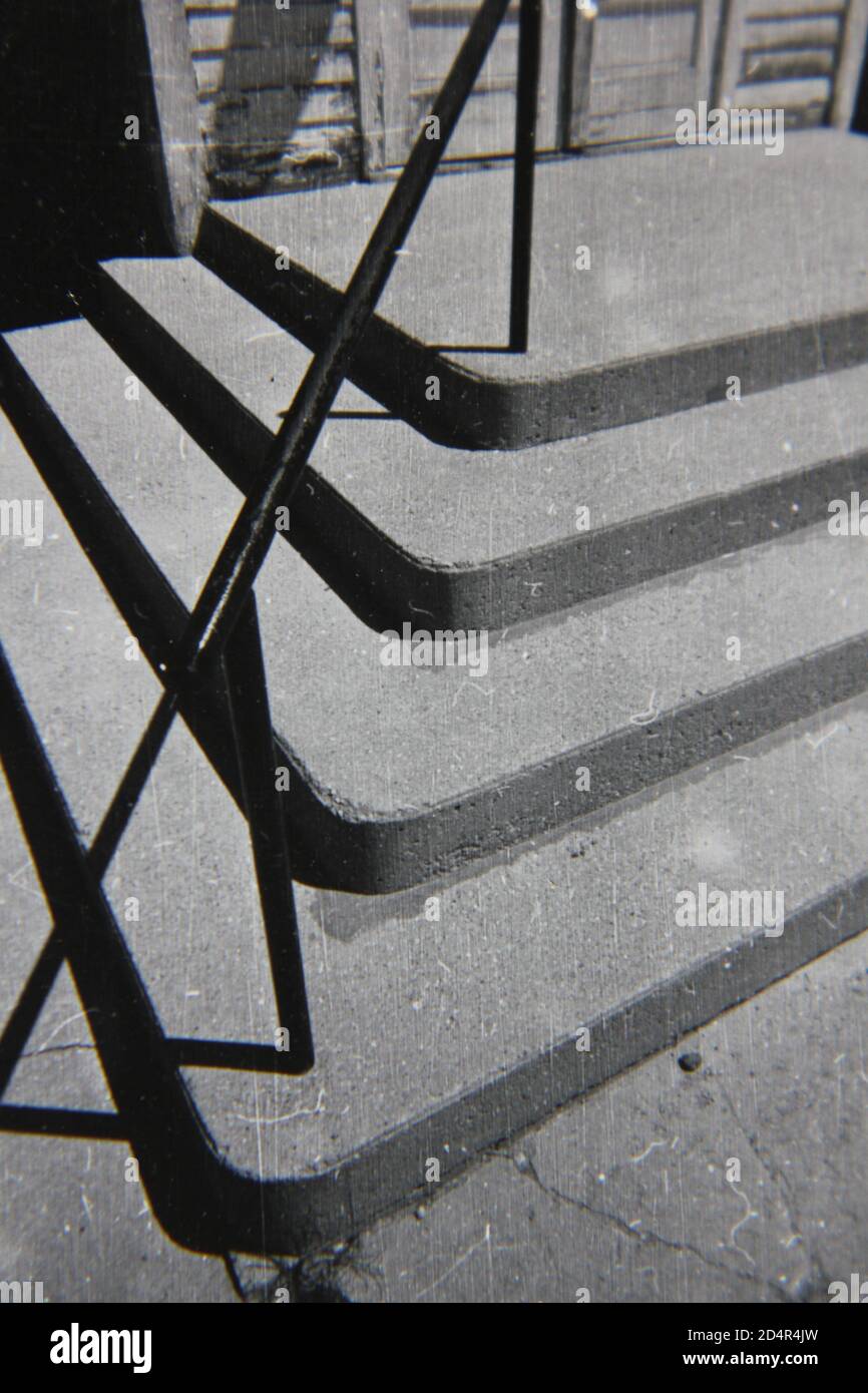 Fine 1970s vintage black and white photography of an imposing set of stairs going up. Stock Photo