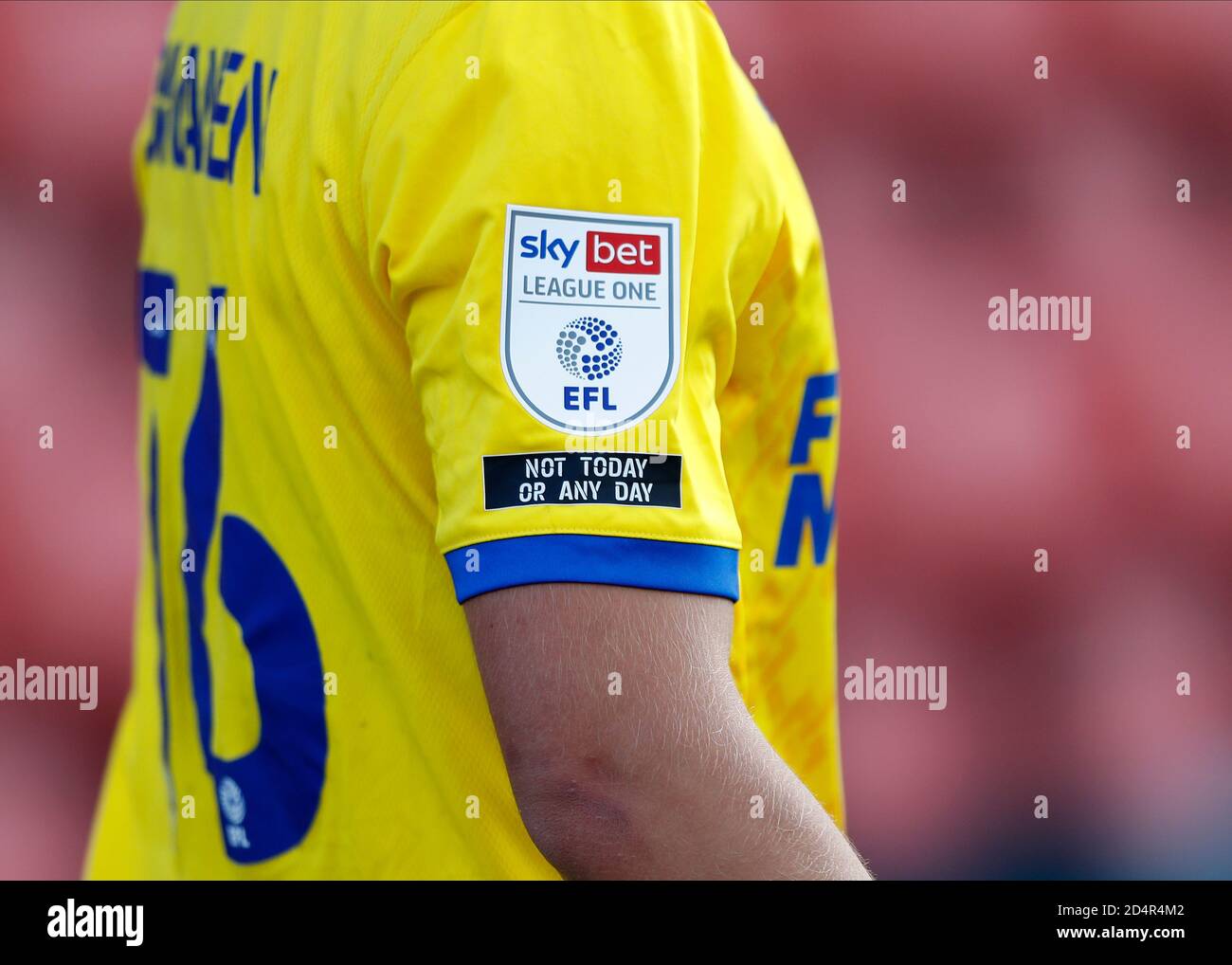 10th October 2020; The County Ground, Swindon, Wiltshire, England; English Football League One; Swindon Town versus AFC Wimbledon; The EFL's 'Not Today or Any Day' campaign logo featured on all EFL shirts, aiming to encourage behavioural and attitude changes at all levels of EFL football Stock Photo
