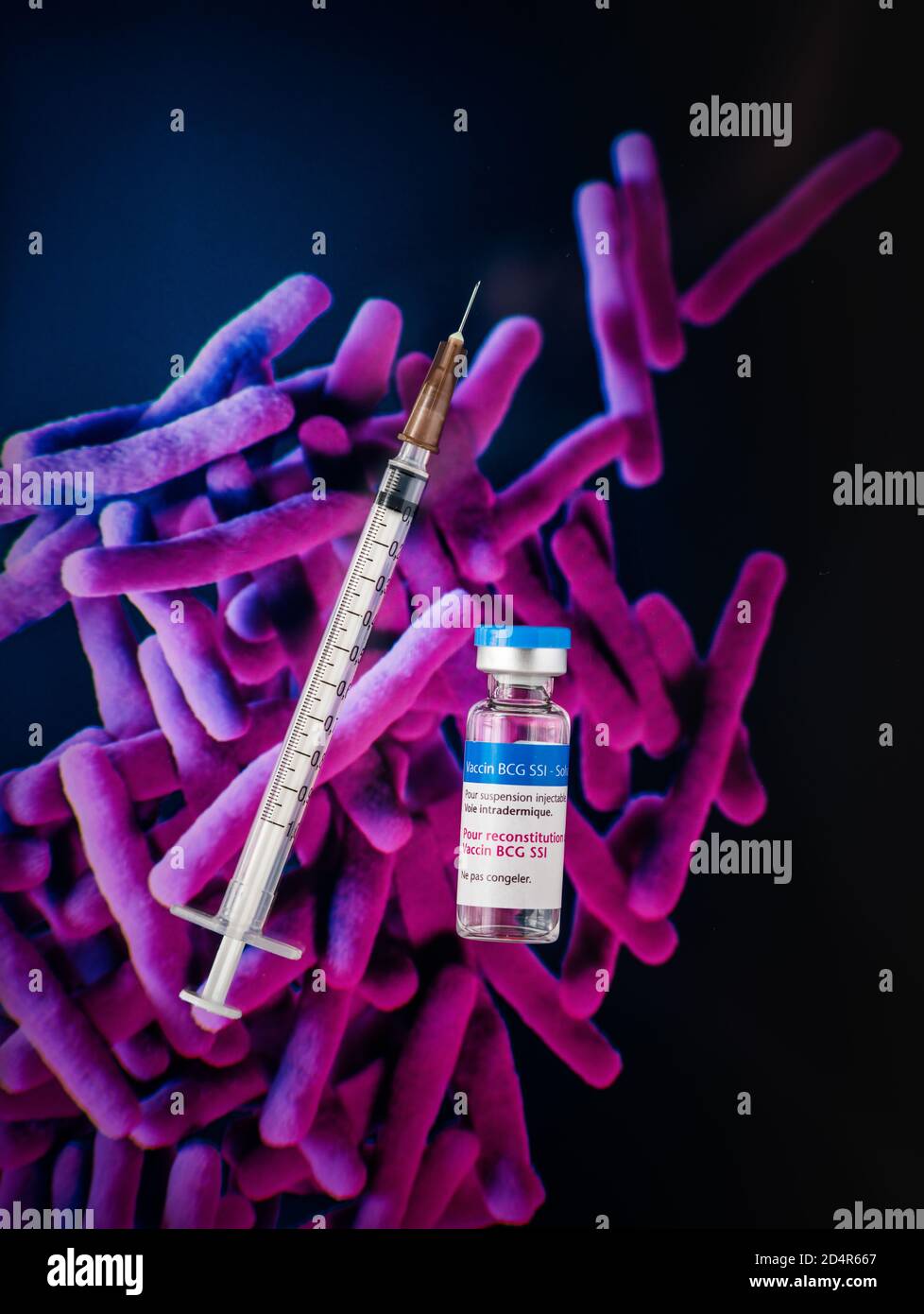 BCG antituberculous Vaccine SSI on an image of Mycobacterium tuberculosis, the bacterium responsible for tuberculosis. Stock Photo