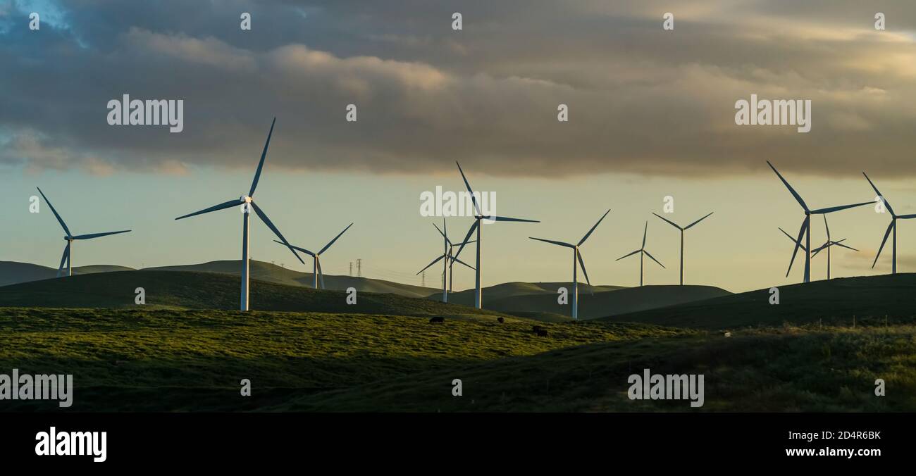 Wind turbines, Altamont pass California, United States, panoramic view. Stock Photo