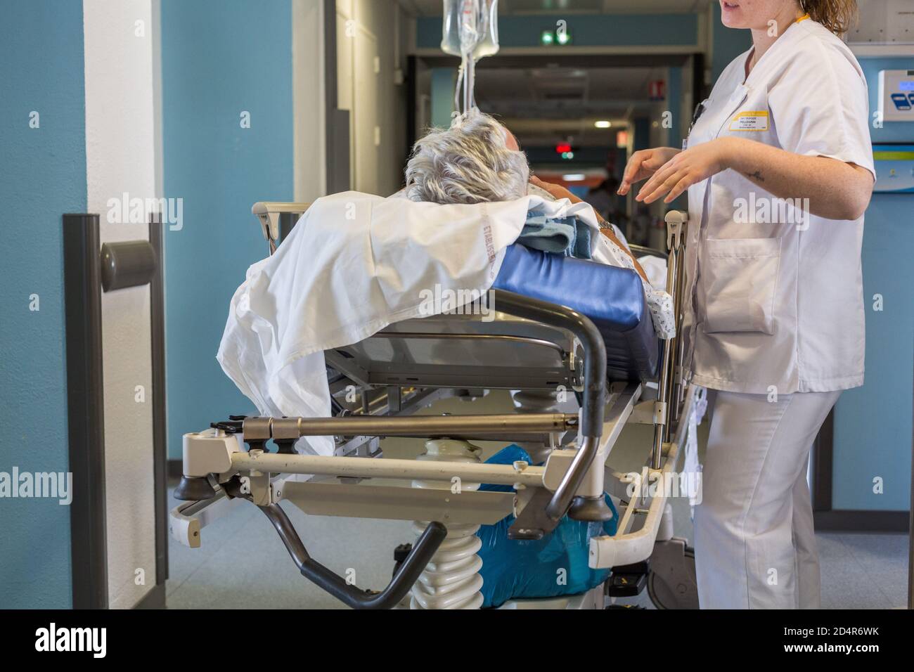 Elderly patient on a stretcher. Bordeaux hospital, France. Stock Photo