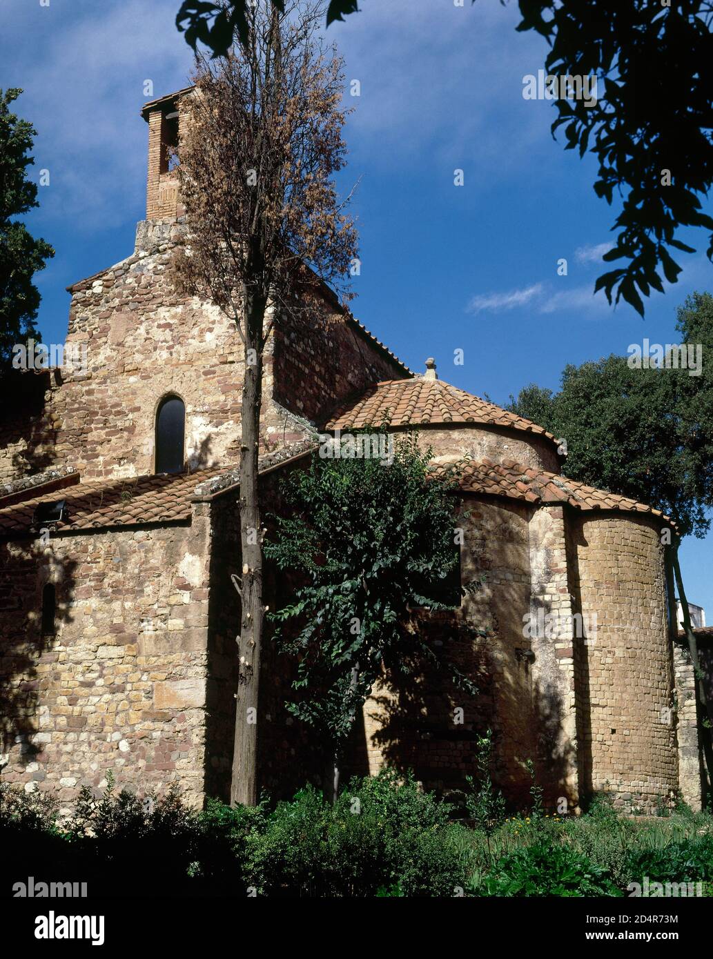 Monumental chuch complex of St. Pere. Terrassa, province of Barcelona, Catalonia, Spain. Church of Sant Pere. It dates from the late medieval and Romanesque period (12th century). Stock Photo