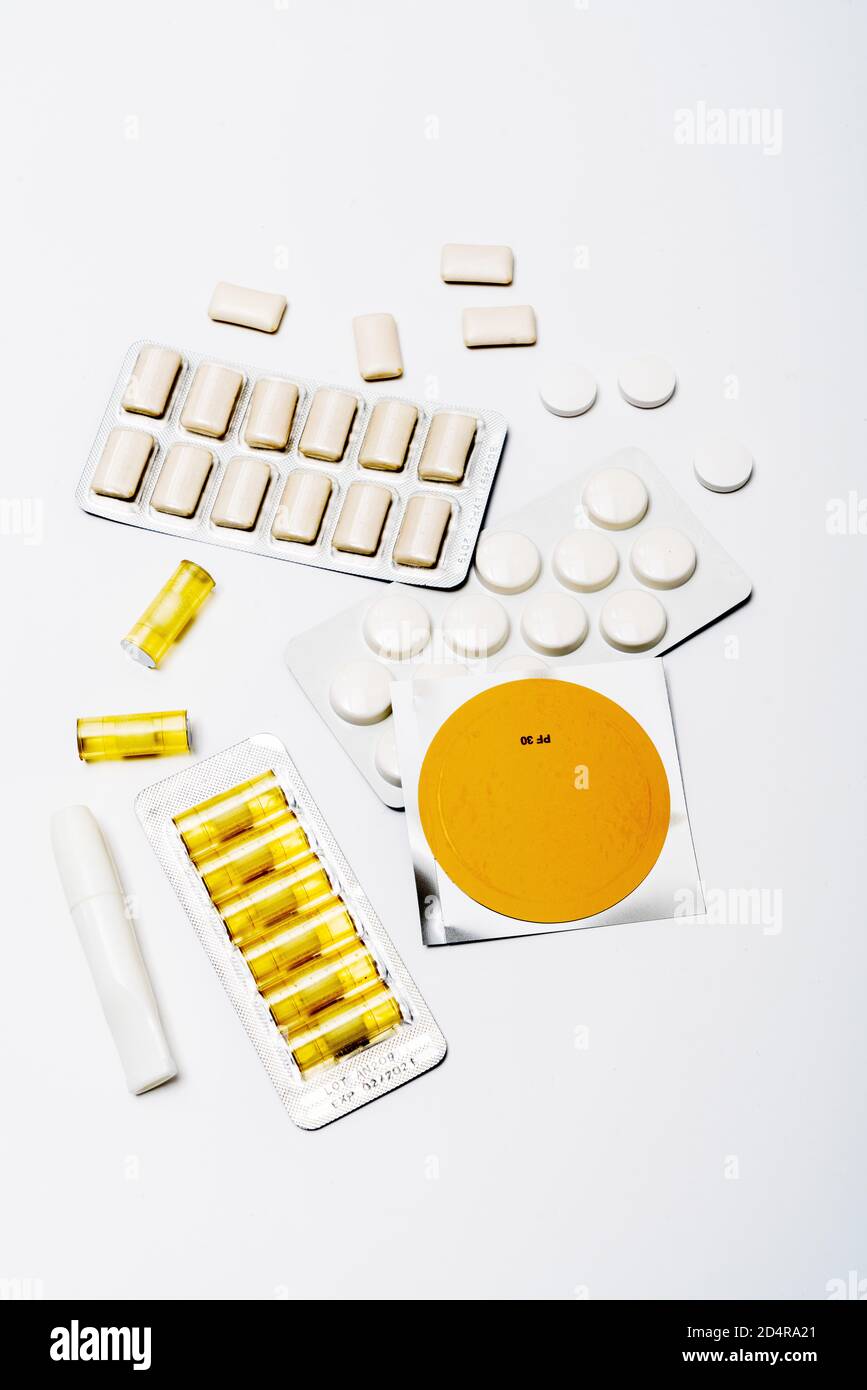 Gum and pills to help stop smoking. Stock Photo