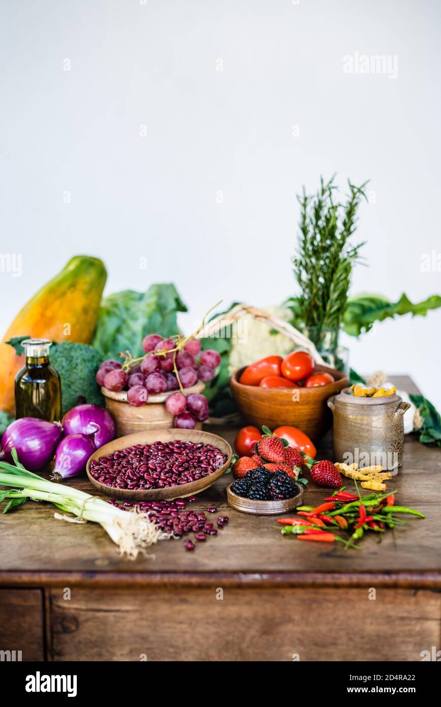 Assortment of food recommended in prevention of cancer. Stock Photo