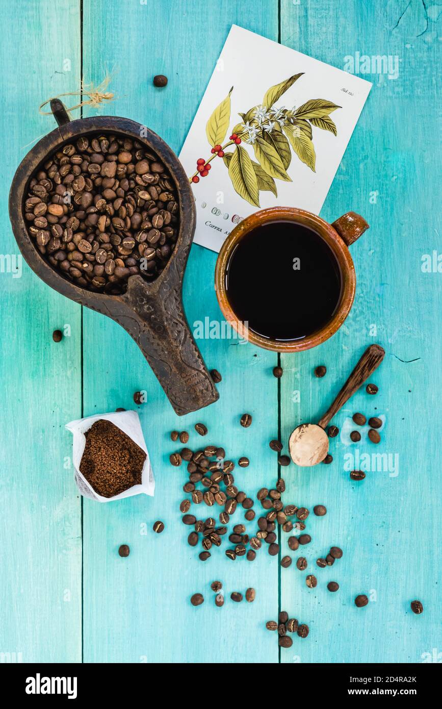 Ground coffee and coffee beans. Stock Photo