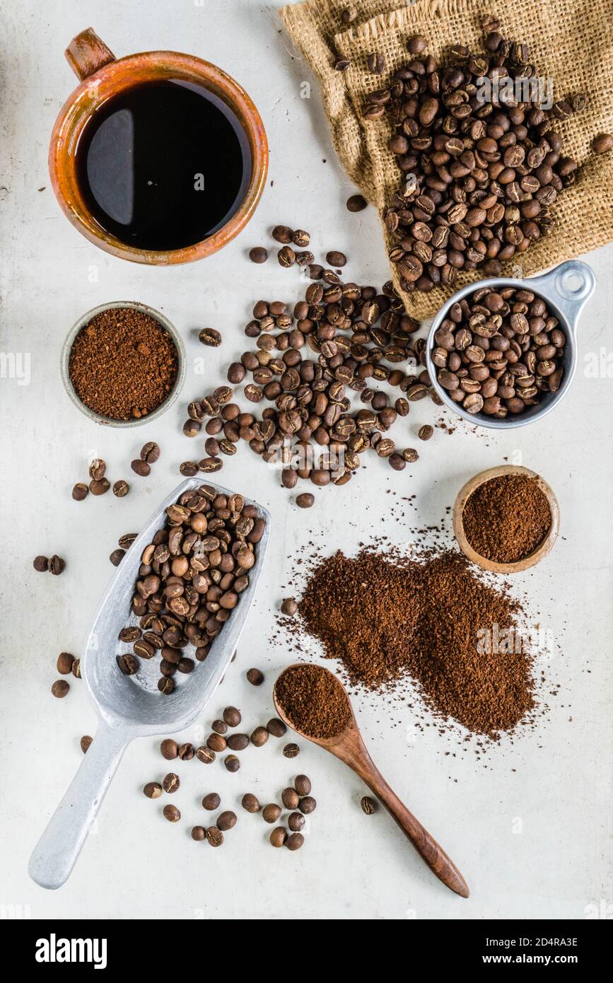 Ground coffee and coffee beans. Stock Photo