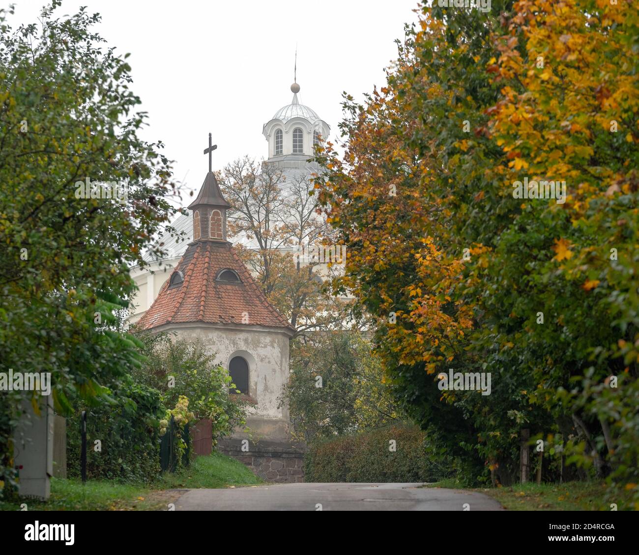 The street through the town of Sudervė in Lithuania towards the bell tower of the Holy Trinity Church on a foggy autumn morning Stock Photo