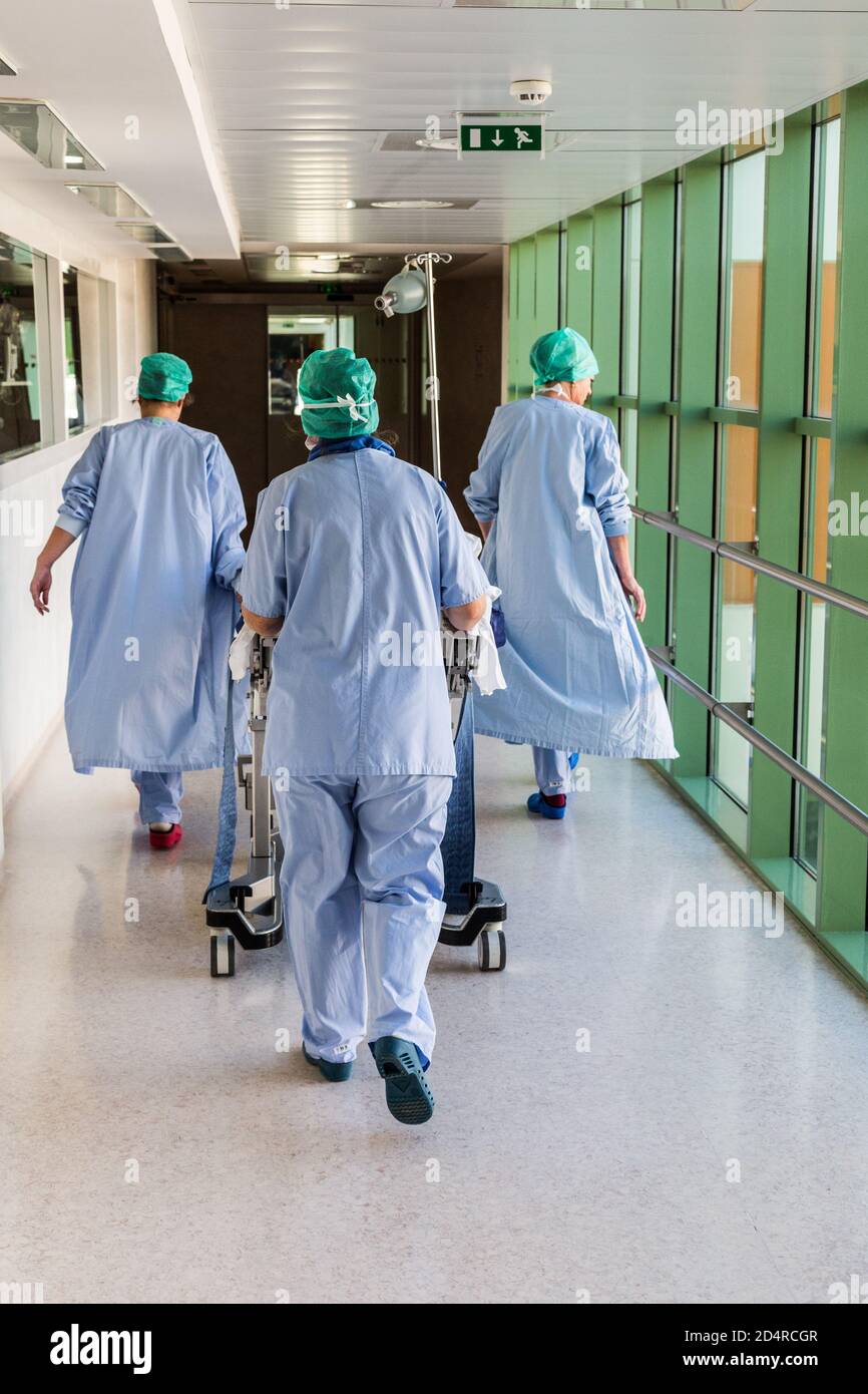 Stretchered patient, Bordeaux hospital, France. Stock Photo