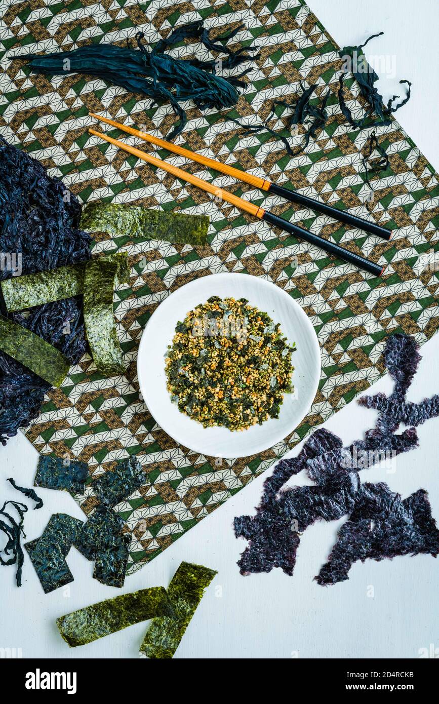 Assortment of seaweed, nori and wakame. Stock Photo