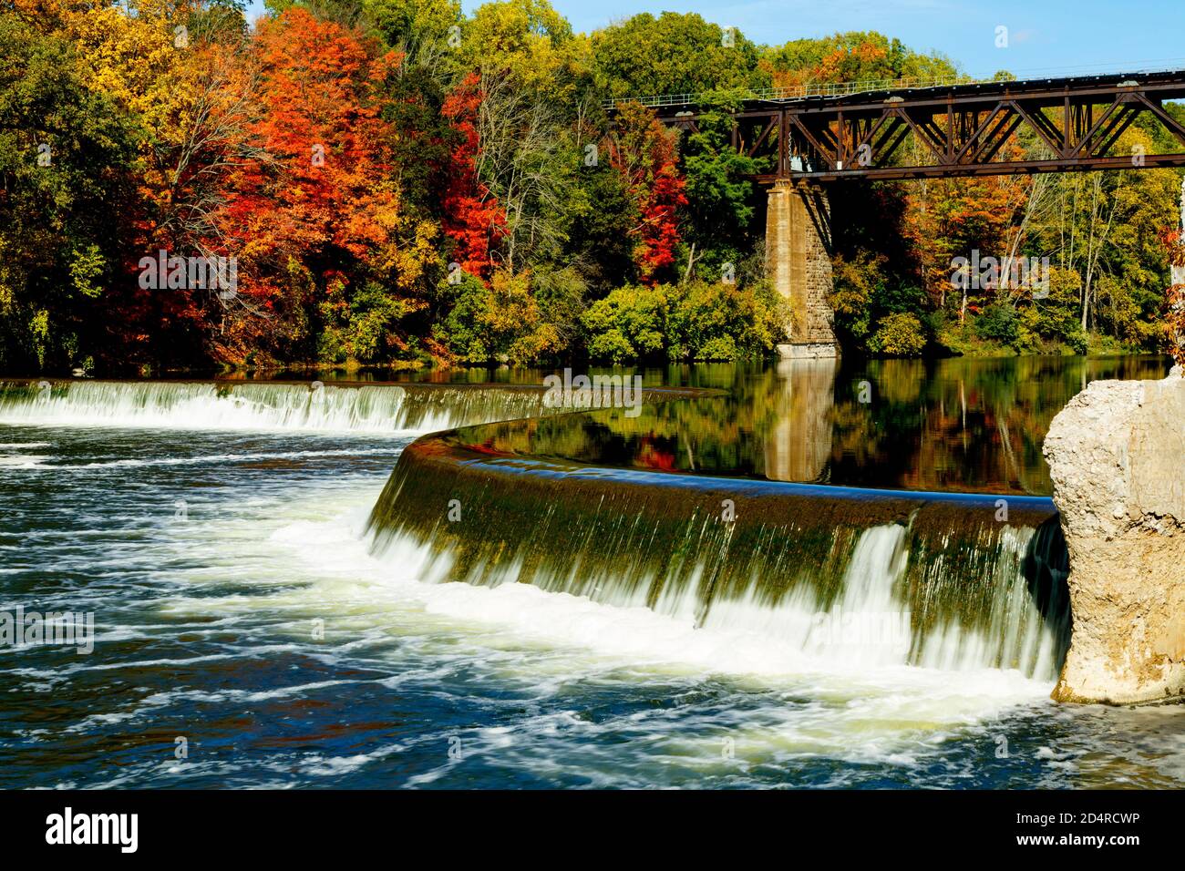 Penmans Dam with Railway Trestle in Fall colors on the Grand River ...