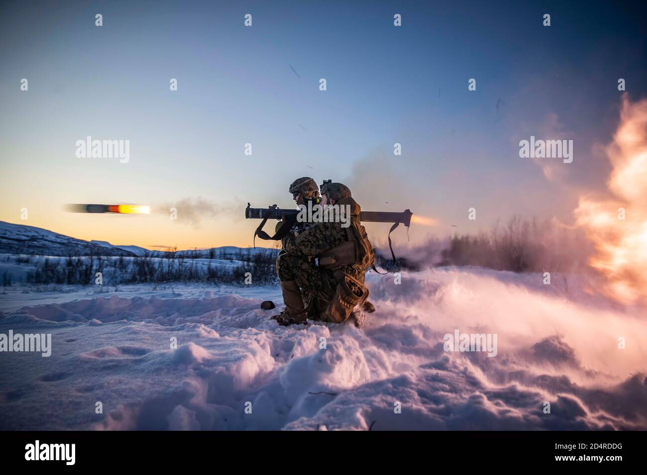 A U.S. Marine with Marine Rotational Force-Europe 20.1, Marine Forces Europe and Africa, fires a Shoulder-Launched Multipurpose Assault Weapon during a live-fire range in Setermoen, Norway, Nov. 6, 2019. MRF-E focuses on regional engagements throughout Europe by conducting various exercises, arctic cold-weather and mountain-warfare training, and military-to-military engagements, which enhance overall interoperability of the U.S. Marine Corps with allies and partners. (U.S. Marine Corps photo by Lance Cpl. Nathaniel Q. Hamilton) Stock Photo