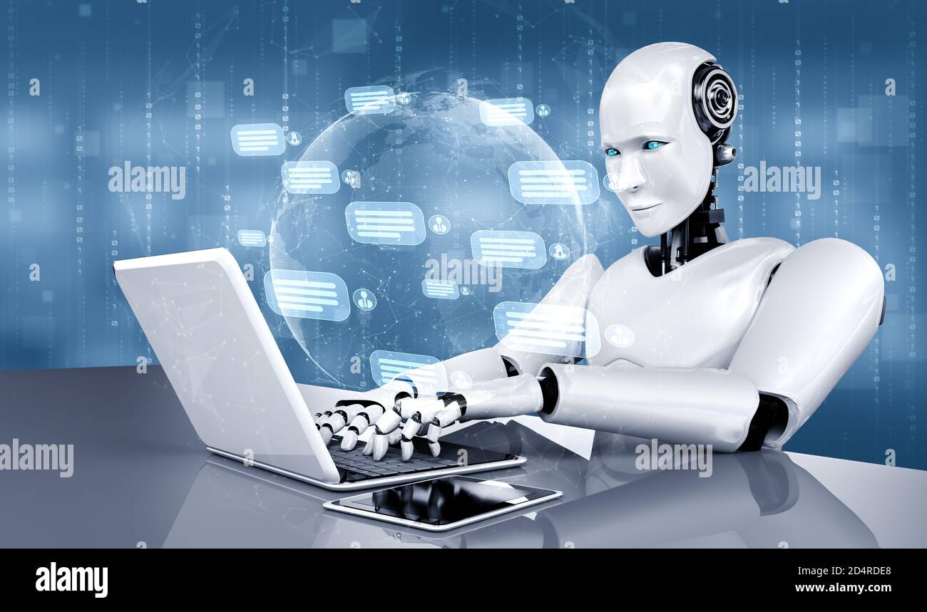 AI robot using computer to chat with customer. Concept of chat bot service providing help and