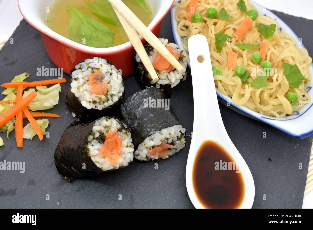 japanese food noodles soup rice sushi vegetables fish chicken asiatic food Stock Photo