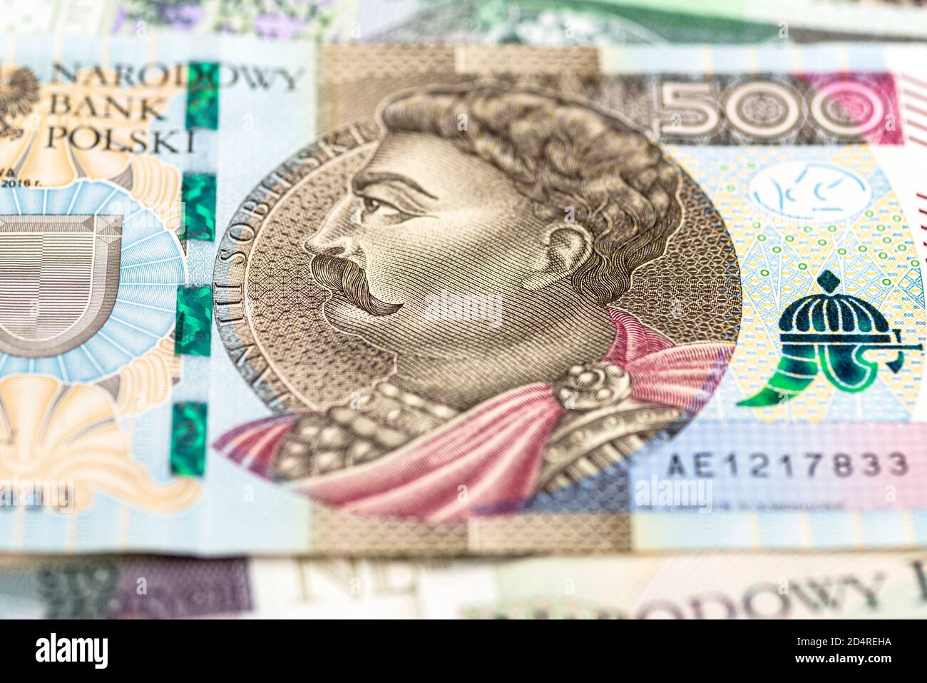 Macro photo of the front side of a rare Polish 500 zloty banknote, close-up  on the portrait of Jan III Sobieski Stock Photo - Alamy