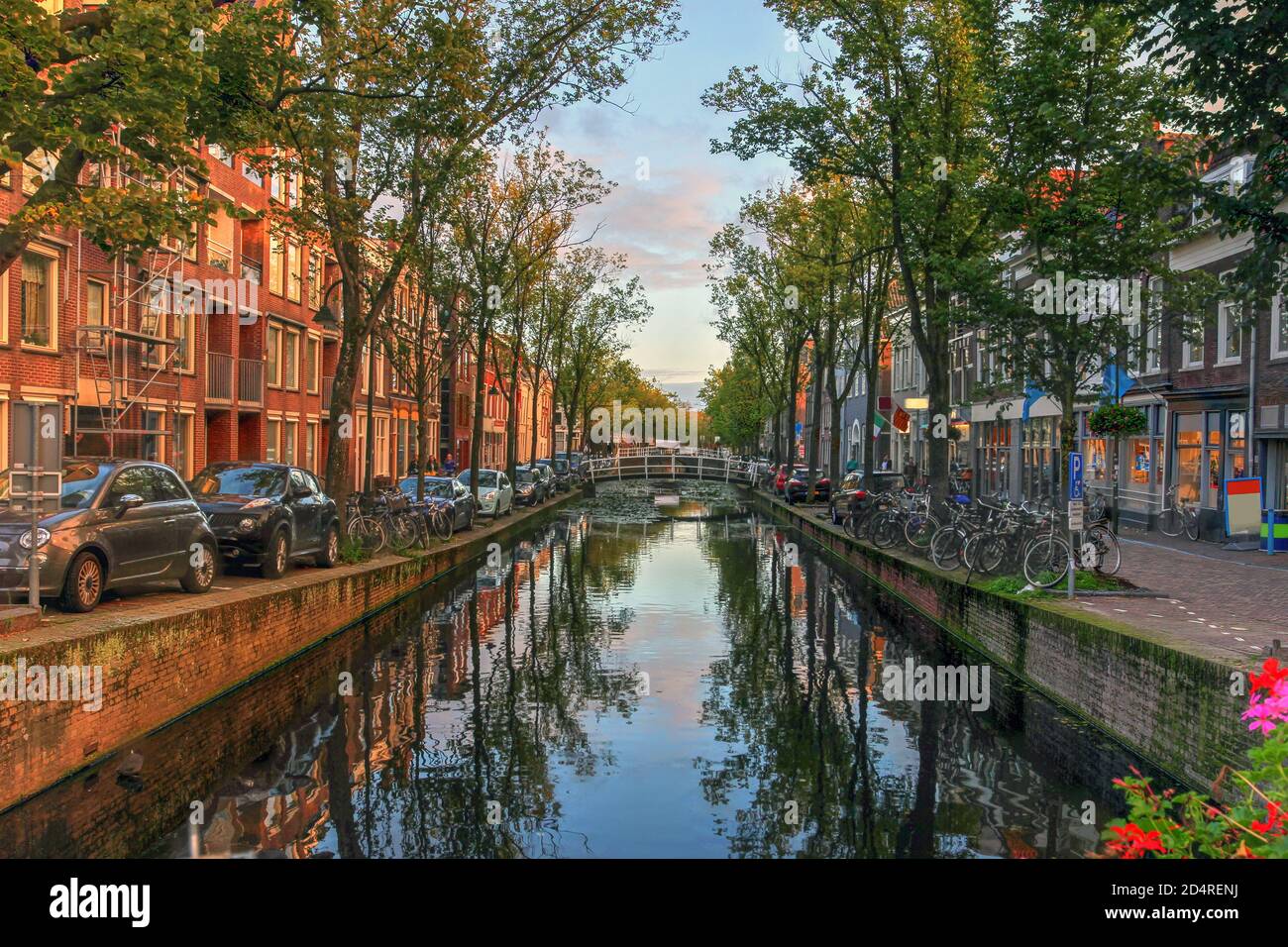 Evening canal scene in Delft, the Netherlands Stock Photo