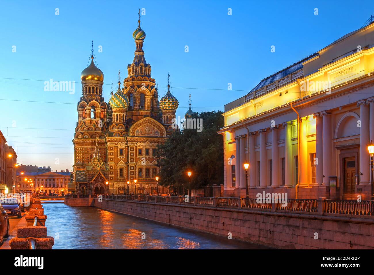 Night scene along the Griboedova Canal with Church on Spilled Blood (or Resurrection Church of Our Saviour) in St Petersburg, Russia Stock Photo