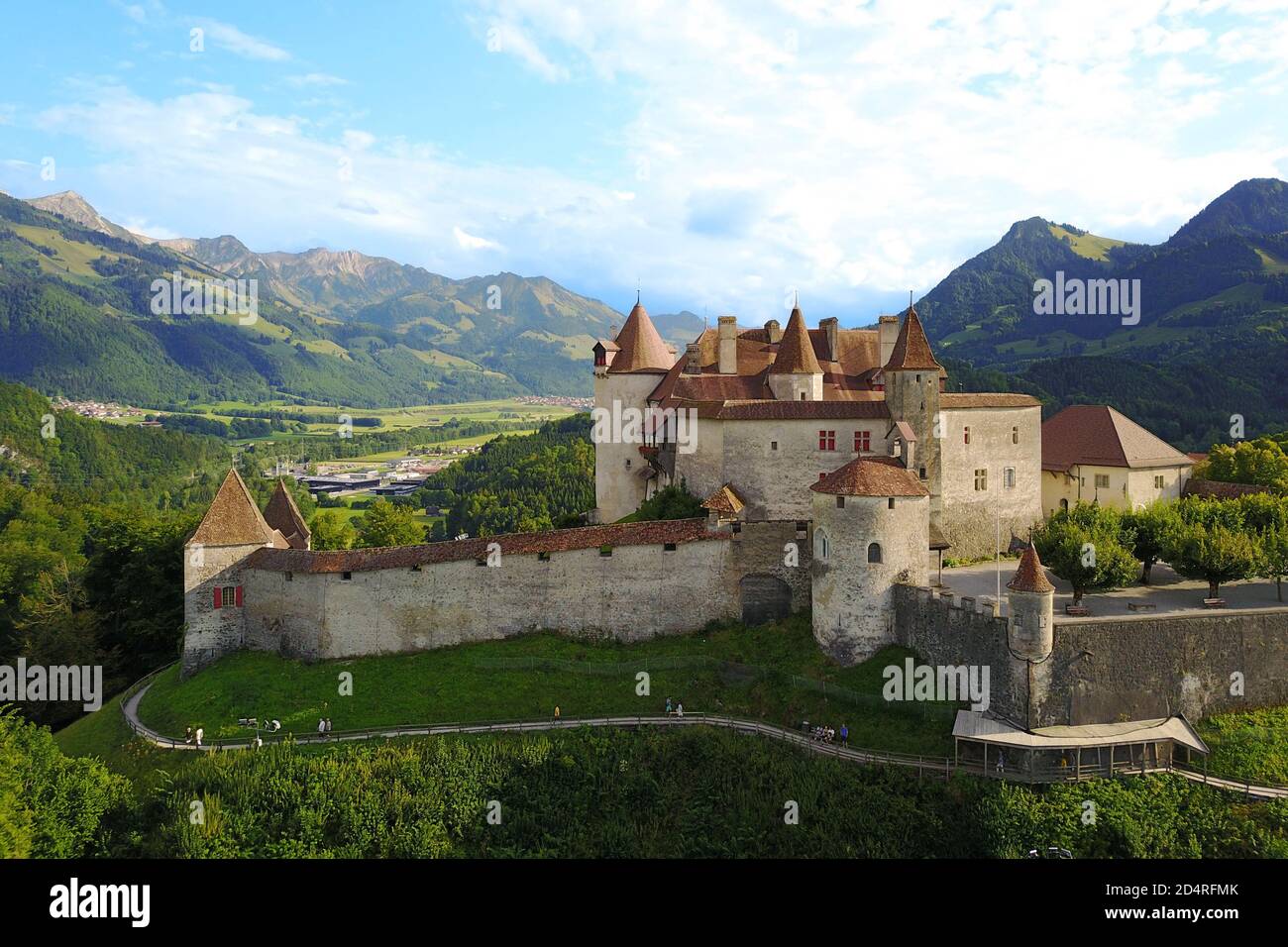 Aerial drone image of Chateau de Gruyere in Fribourg canton of Switzerland. Stock Photo