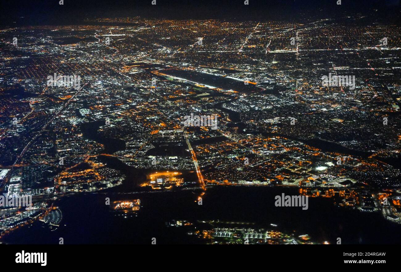 Aerial of the Silicon Valley glowing during nighttime, greater San Jose CA Stock Photo
