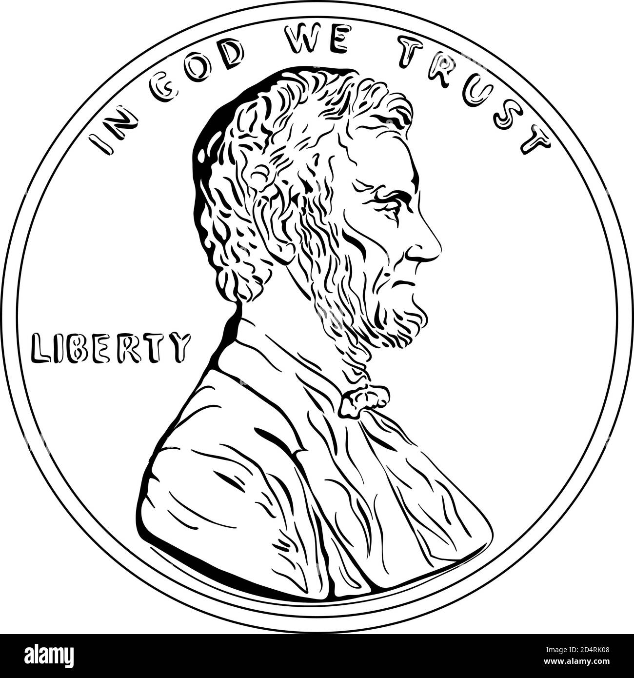 American money, United States one cent or penny, President Lincoln on obverse. Black and white image Stock Vector