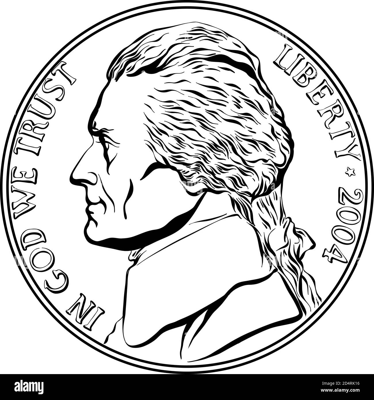 Jefferson nickel, American money, United States five-cent coin with Jefferson, third President of USA on obverse. Black and white image Stock Vector