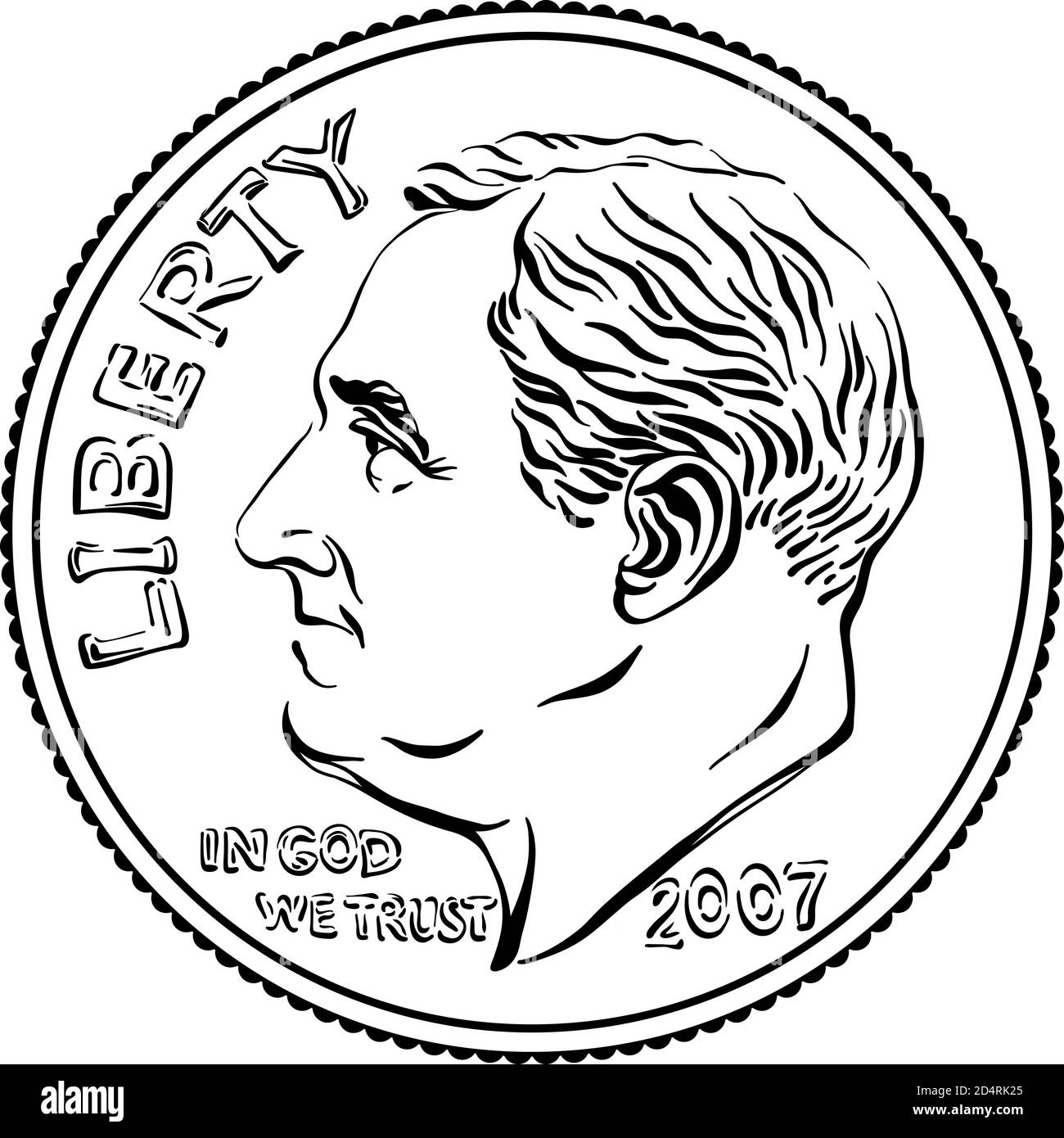 American money Roosevelt dime, United States one dime or 10-cent silver coin with President Franklin D Roosevelt on obverse. Black and white image Stock Vector