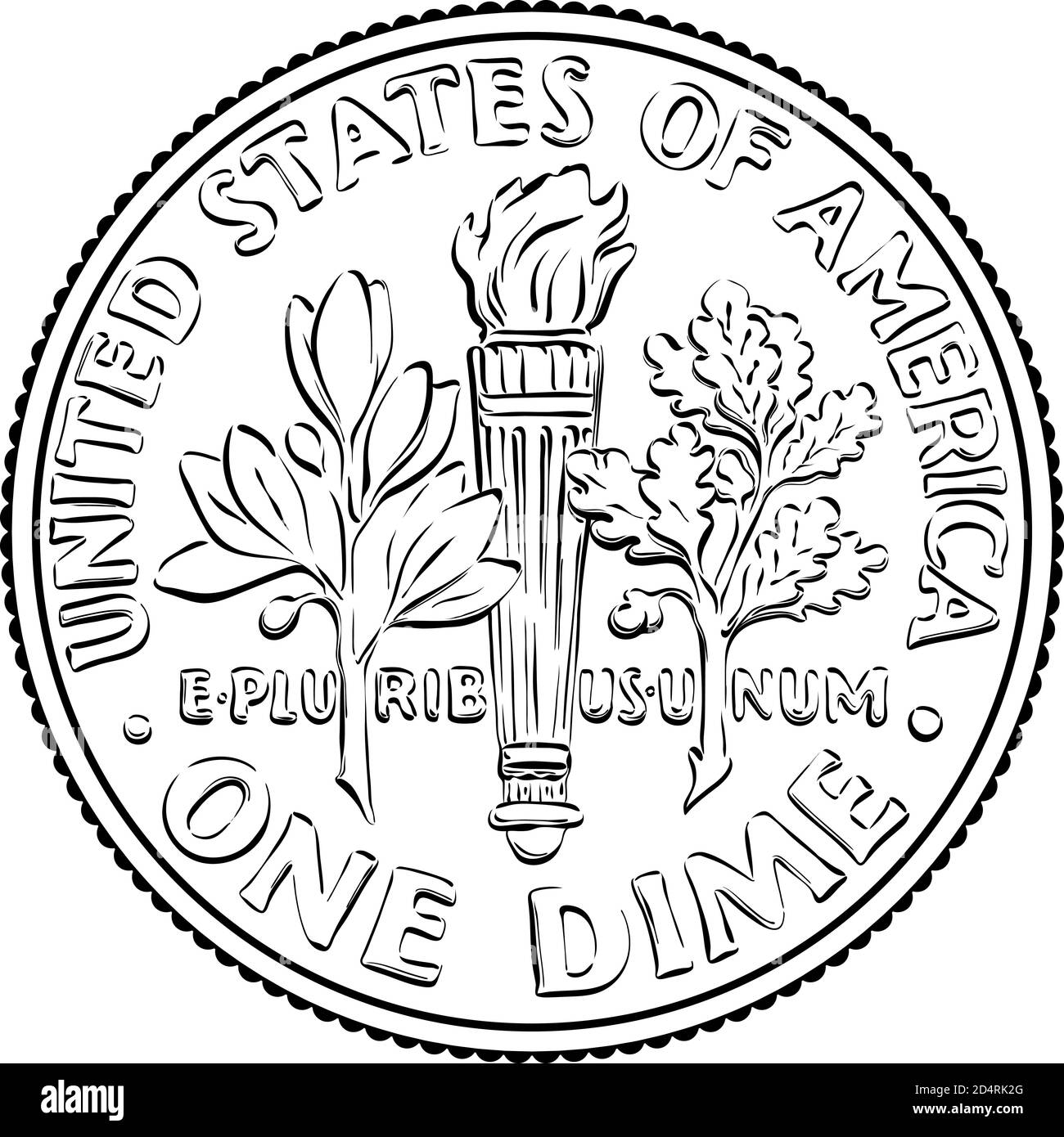 American money Roosevelt dime, United States one dime or 10-cent silver coin, olive branch, torch, oak branch on reverse. Black and white image Stock Vector
