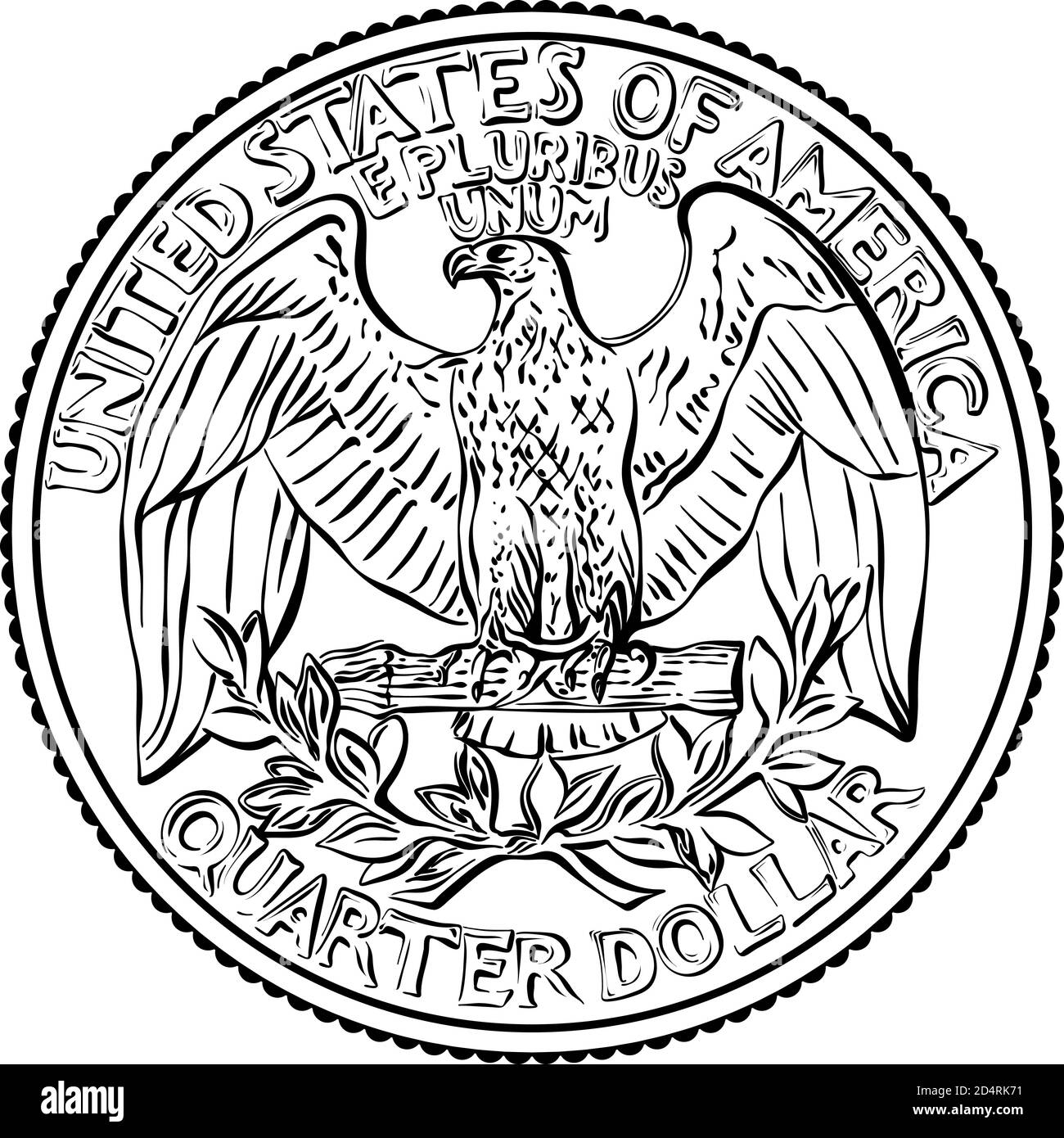 American money, United States Washington quarter dollar or 25-cent silver coin, the national bird of USA Bald eagle on reverse. Black and white image Stock Vector