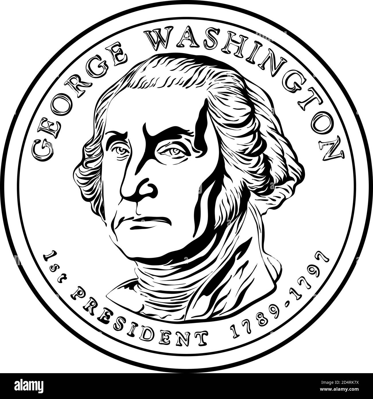 American money Presidential dollar coin, with first president of the United States Washington on obverse. Black and white image Stock Vector