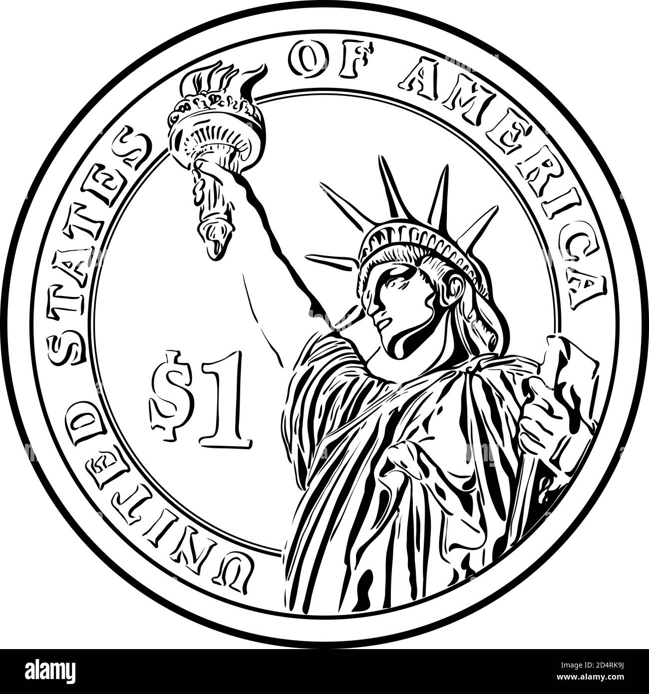 American money Presidential one dollar gold coin with Statue of Liberty on reverse.Black and white image Stock Vector