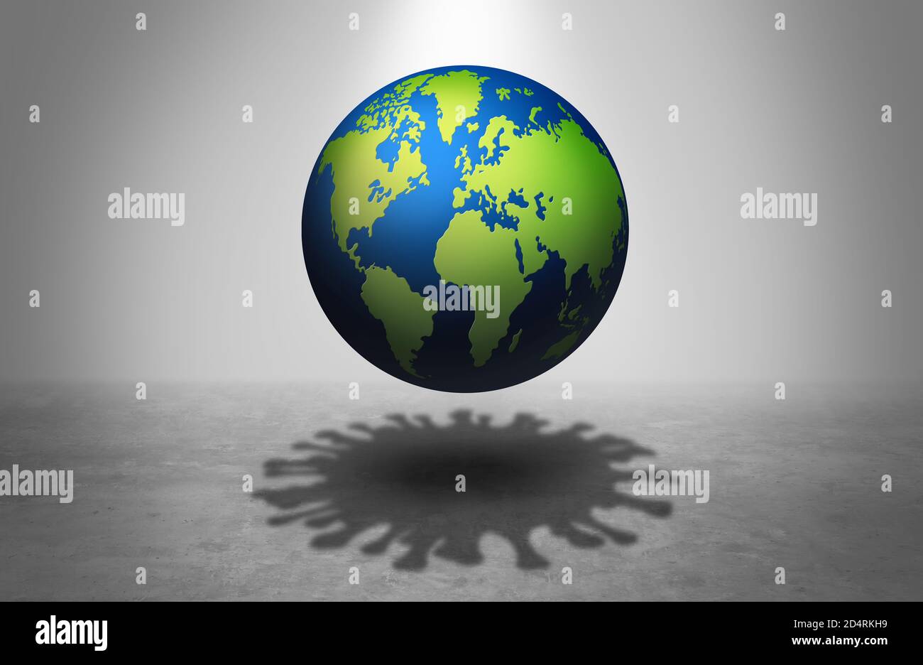 Planet earth virus as the world with a disease cell cast shadow as a health and medicine symbol for global illness risk and pandemic outbreak. Stock Photo