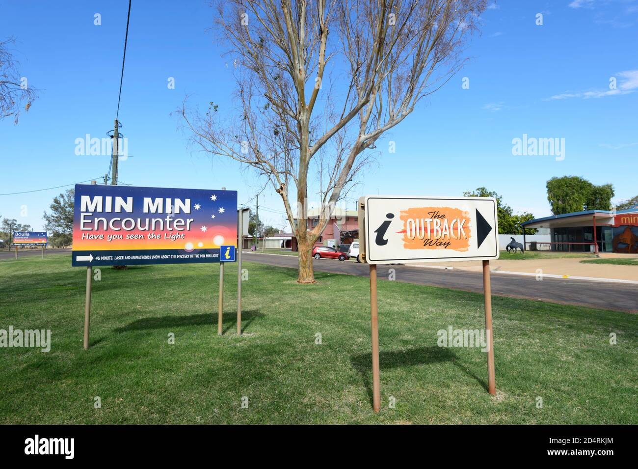 Sign for the Min Min Encounter show outside the visitors' Centre, Boulia, Queensland, QLD, Australia Stock Photo
