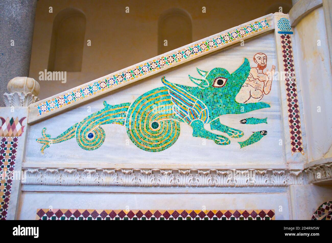 Mosaic of Jonah swallowed by the Great Fish (Whale), detail from the 13th century pulpit of the 11th Century Duomo di Ravello, Amalfi Coast, Italy. Stock Photo