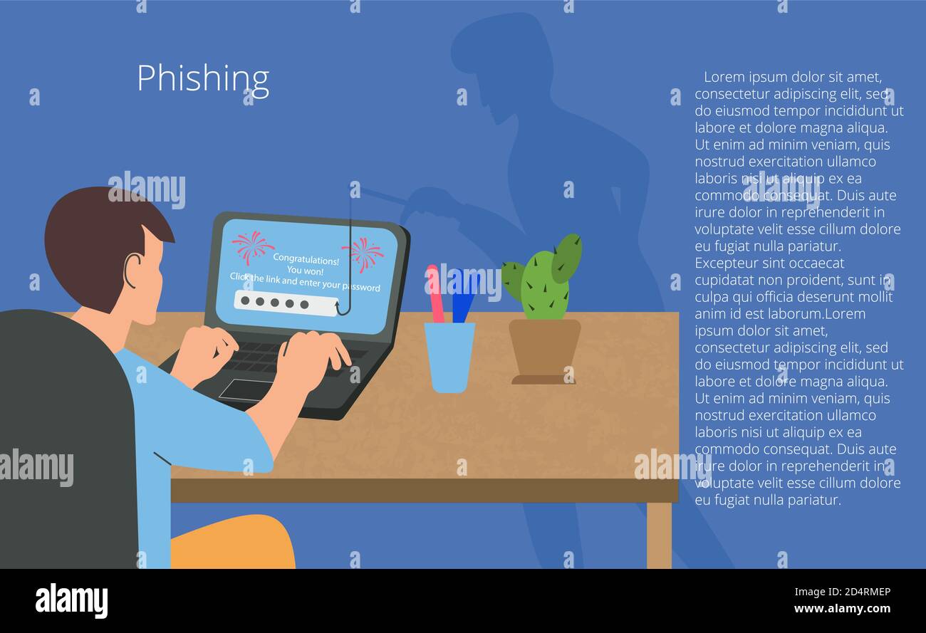 A young man at a computer and an online fraudster. Phishing, Scam, hacker attack and web security concept. Online Scam and theft Vector illustration Stock Vector