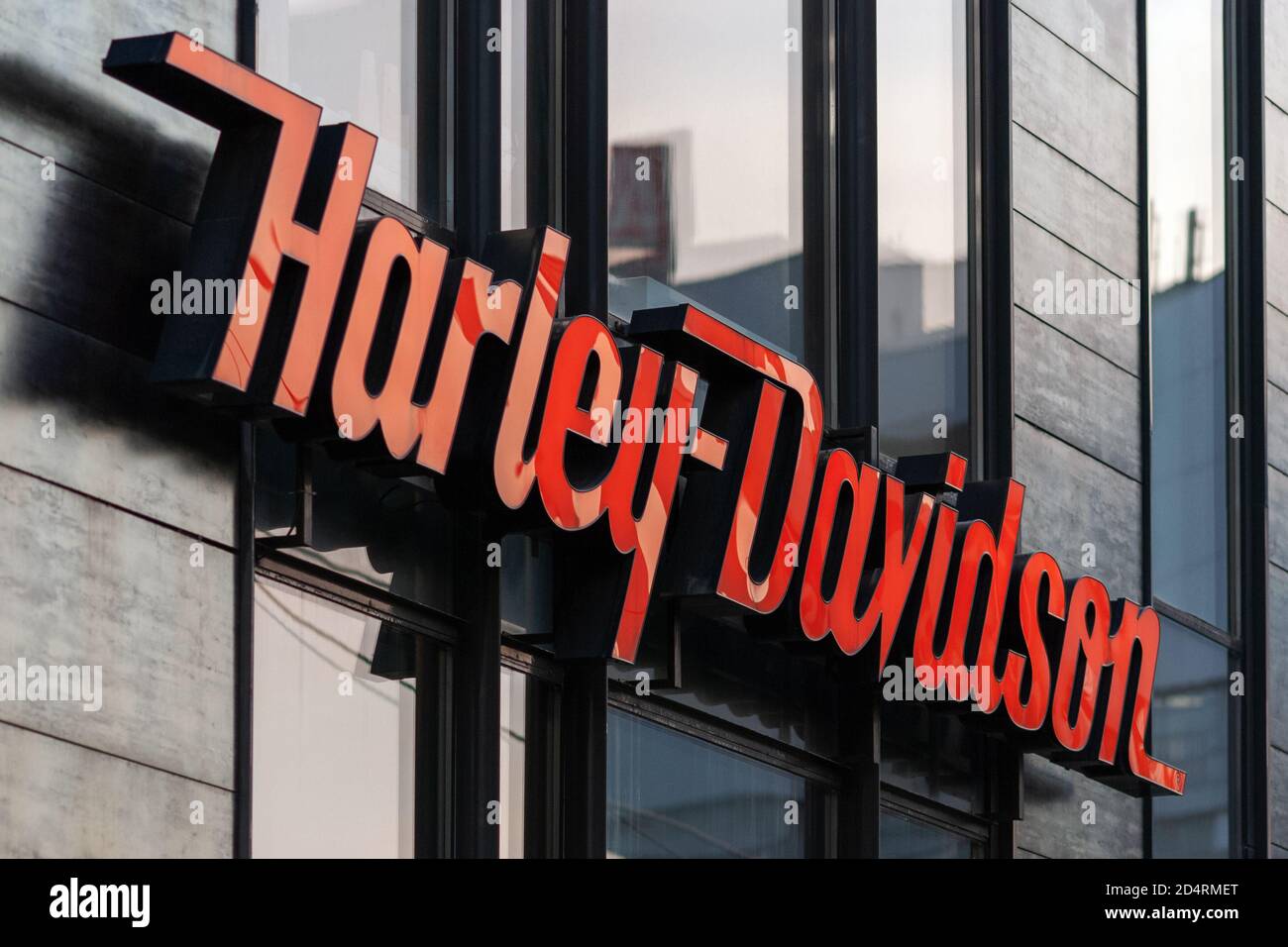 Harley Davidson logo on office building facade close up, Moscow 05/10/2020 Stock Photo