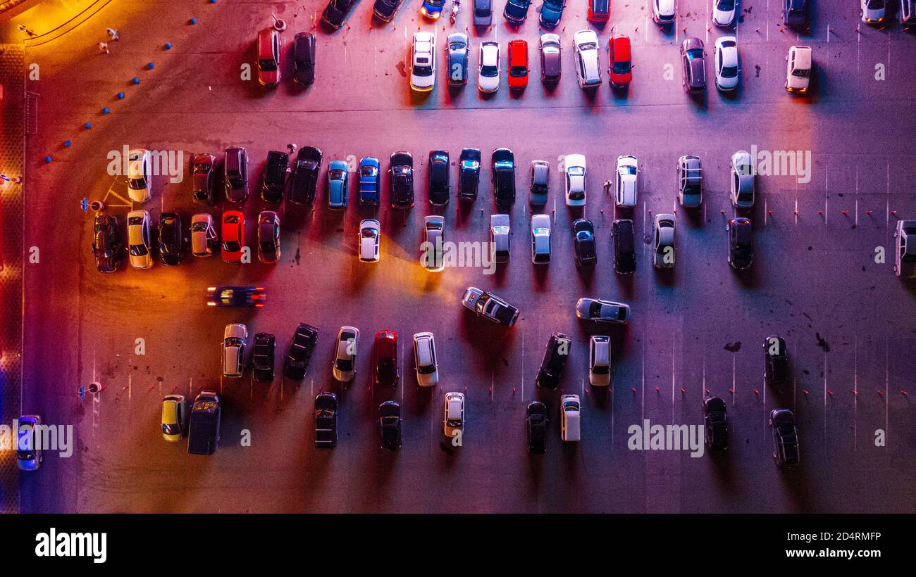 Aerial shot of a parking lot during night time Stock Photo
