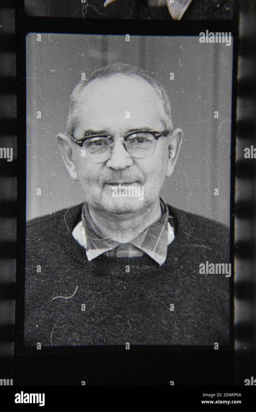 Fine 1970s vintage black and white photography head shot of a kind older man. Stock Photo