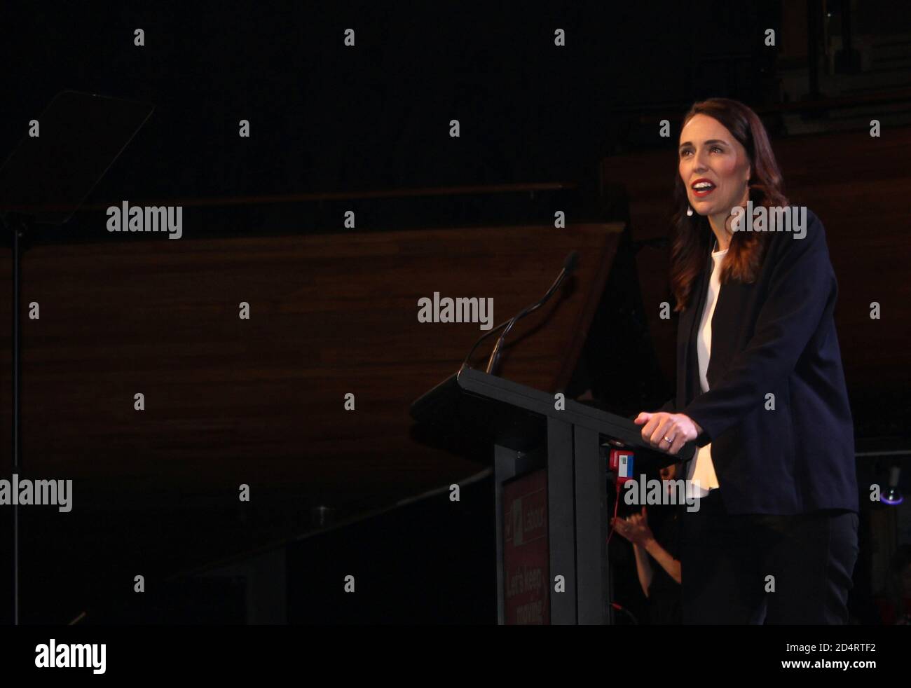 Prime Minister Jacinda Ardern addresses her supporters at a Labour Party event in Wellington, New Zealand, October 11, 2020. REUTERS/Praveen Menon Stock Photo