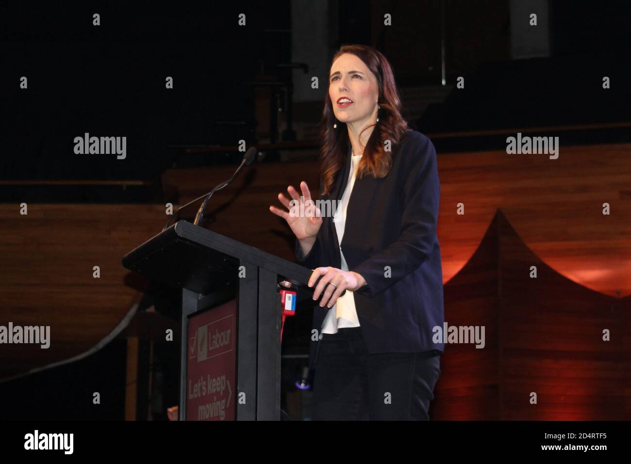 Prime Minister Jacinda Ardern addresses her supporters at a Labour Party event in Wellington, New Zealand, October 11, 2020. REUTERS/Praveen Menon Stock Photo