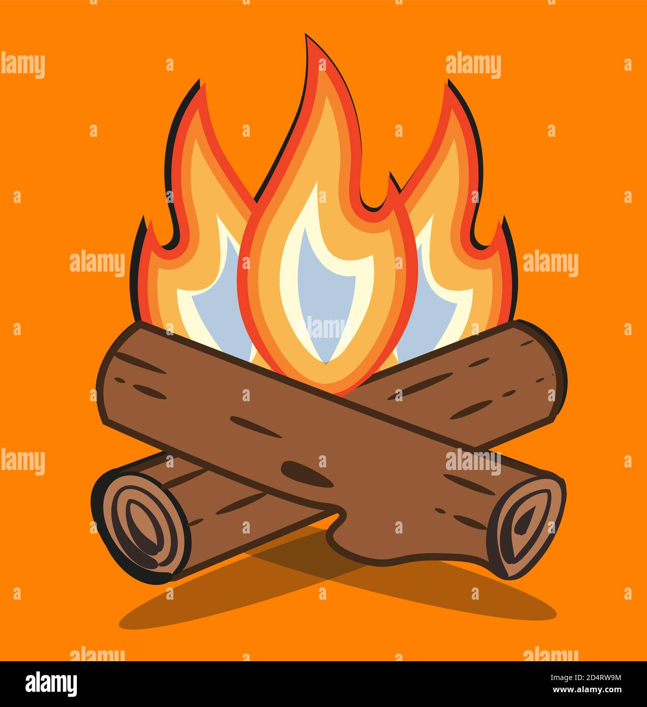 Campfire vector cartoon style illustration - Crossed logs and fire flames on an Orange background. Stock Vector