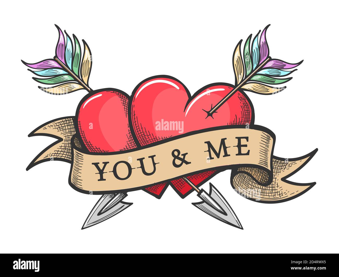 Two red heart pierced by two arrows crosswise and ribbon with Lettering You and Me. Vector illustration Stock Vector