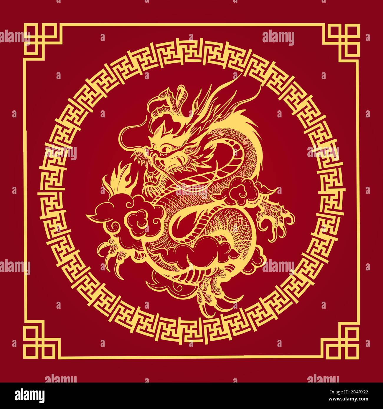 Chinese Dragon in Golden Circle on Red background. Vector illustration. Stock Vector