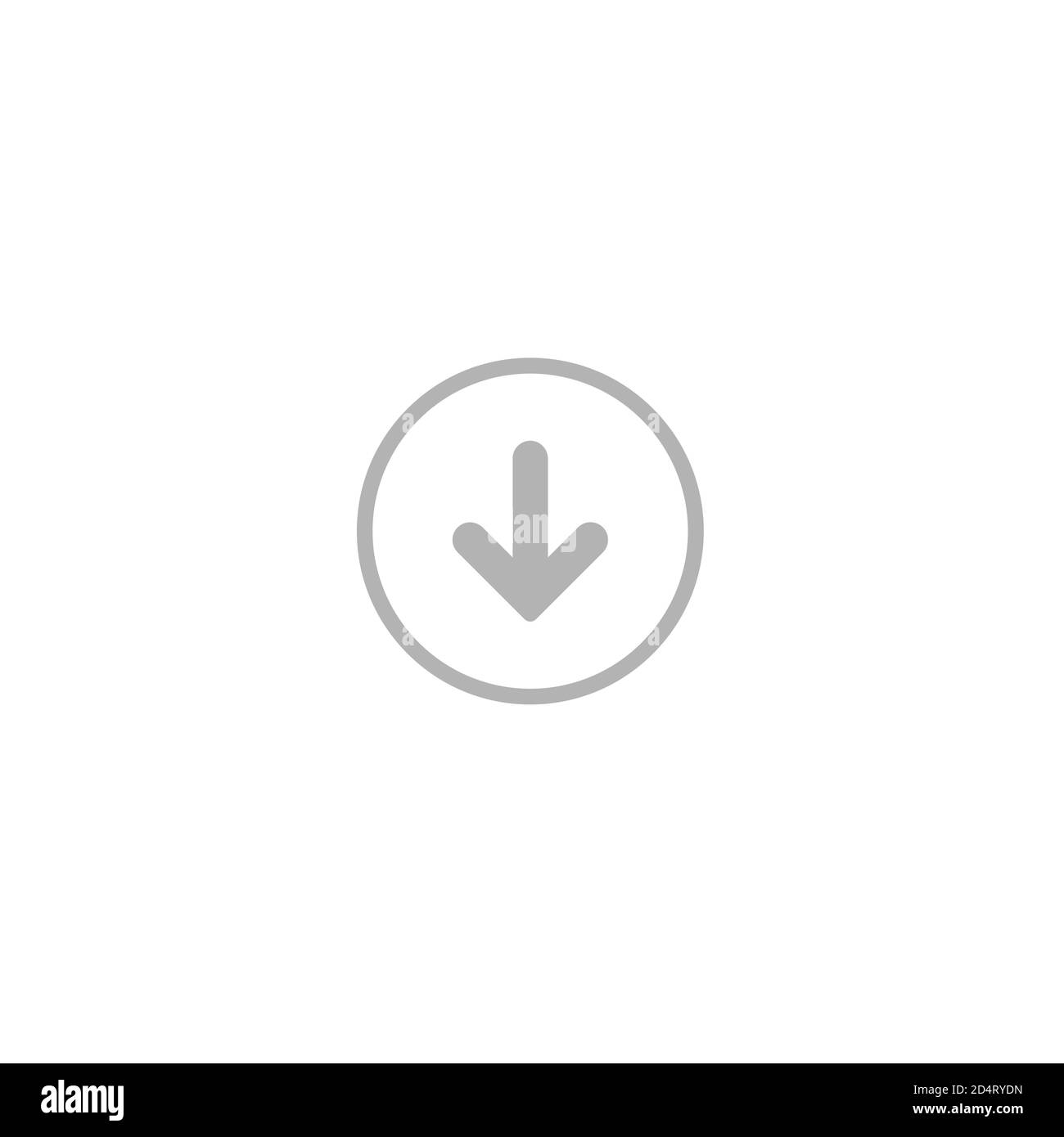 grey rounded arrow down in grey circle icon. flat download sign isolated on white. point down button. south sign. Stock Vector