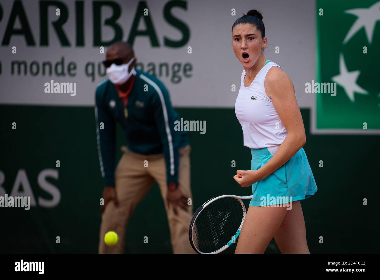 lsa Jacquemot of France in action against Alina Charaeva of Russia during the Juniors final of the Roland Garros 2020, Grand Slam tennis tournament, Stock Photo